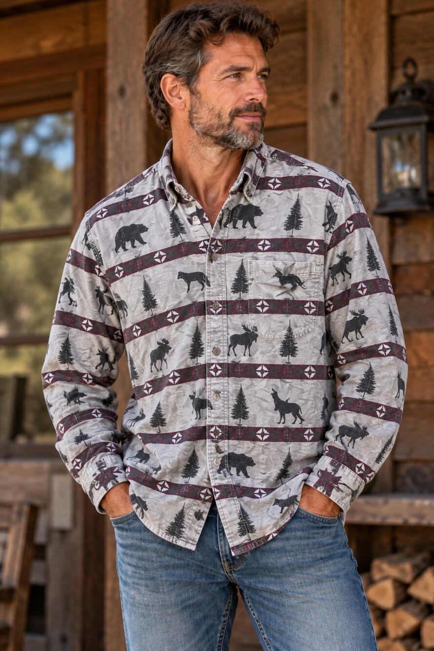 Vtg Woolrich Rugged Outdoor Wear Button Down Bear Dear Moose Tree Shirt Size XL